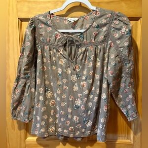 Lucky Brand Printed Peasant Brown Pink Floral Top Blouse with Lace Trim SP